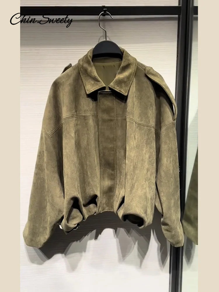 Casual Women's Suede Short Jacket Green Loose Lapel Long Sleeve Zipper Thick Coat 2025 Spring Lady High Street New in Outwears