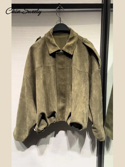 Casual Women's Suede Short Jacket Green Loose Lapel Long Sleeve Zipper Thick Coat 2025 Spring Lady High Street New in Outwears