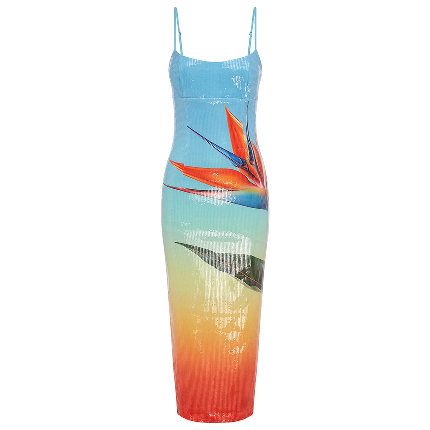 Women's Spaghetti Strap Long Dress Summer U Neck Sleeveless Leaves Pattern Slit Hem Contrasting Color Sequins Slim Dress