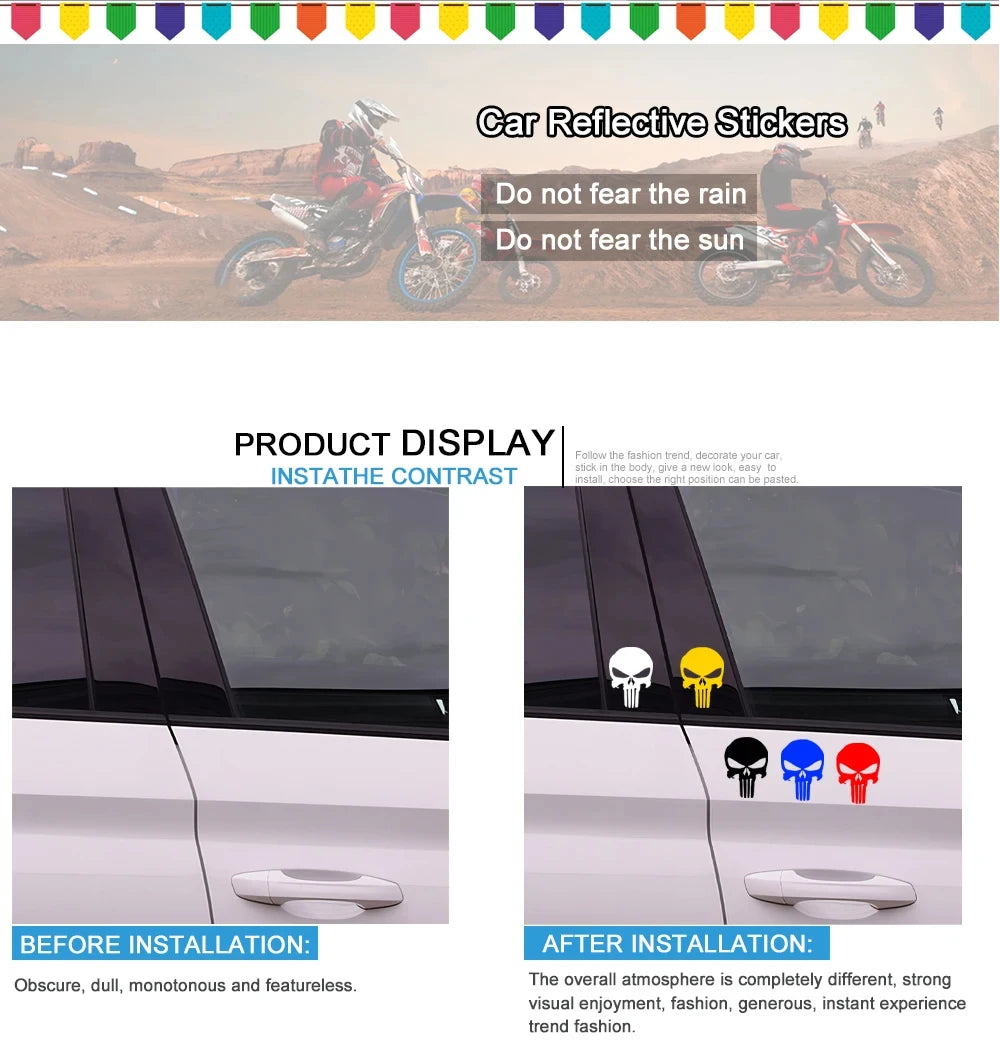 Skull Stickers Car Waterproof Decal Reflective Vinyl Punisher Sticker for Auto Door Window Rearview Mirror Bumper Decoration