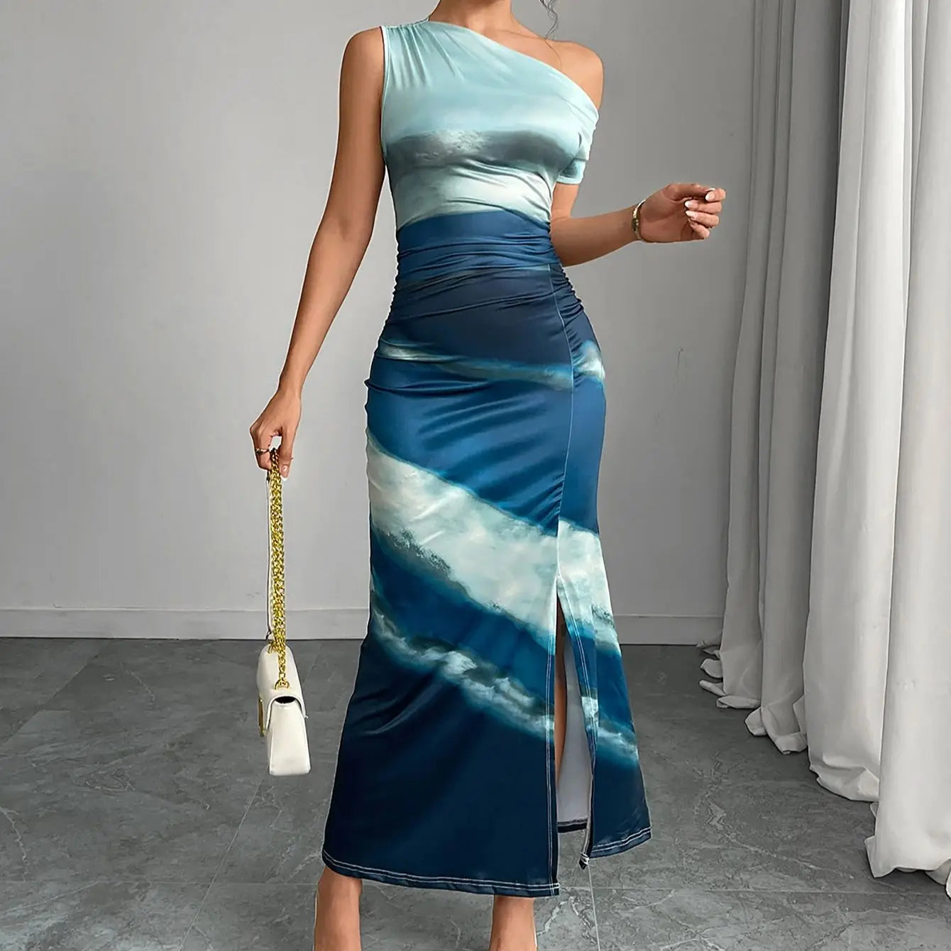 Foreign trade women's summer new style European and American contrasting slim fit dress with slanted shoulders long skirt