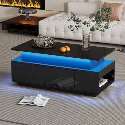 KOMHTOM Black height adjustable coffee table high gloss coffee table with hidden storage, drawer and LED lighting
