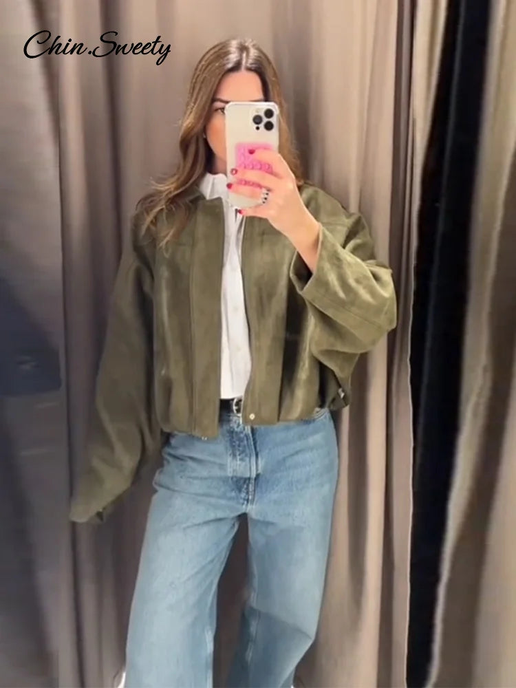 Casual Women's Suede Short Jacket Green Loose Lapel Long Sleeve Zipper Thick Coat 2025 Spring Lady High Street New in Outwears