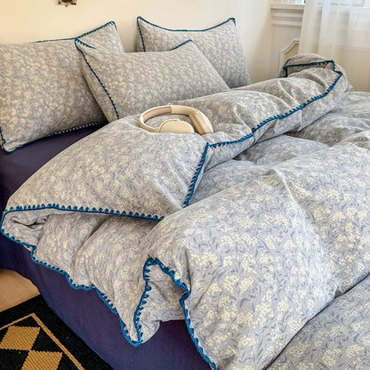 Skin-Friendly Double-Layer Yarn Bedding Set New Country Floral Soft Comforter Sets 100% Cotton Fitted Sheet Kit with Quilt Cover