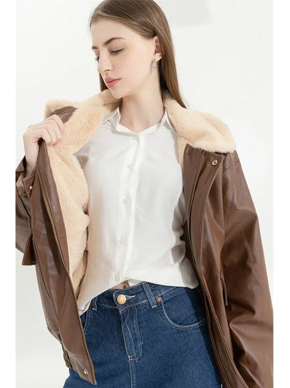 Retro Gothic Brown Plush Fur Leather Jacket Women Fashion Classic Vintage Autumn And Winter Zipper Casual Motorcycle Jacket
