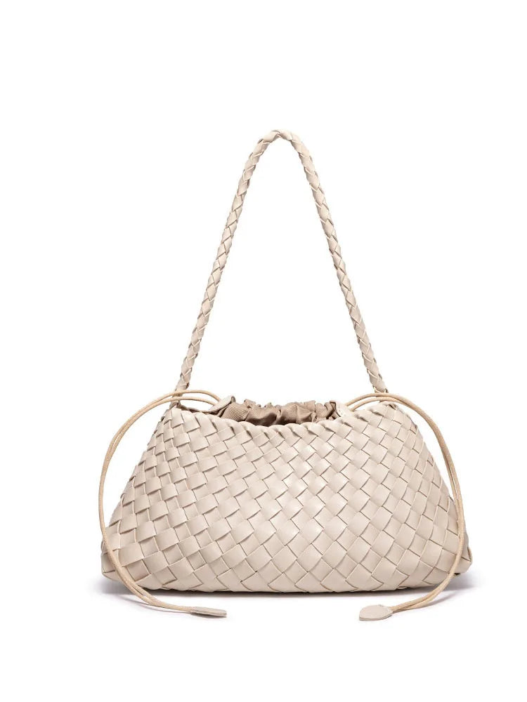 Women's Woven Shoulder Bag Soft Leather Tote Bag with Drawstring Inner Bag 2-In-1 Bucket Bag for Daily Commute Handbag