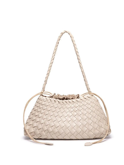 Women's Woven Shoulder Bag Soft Leather Tote Bag with Drawstring Inner Bag 2-In-1 Bucket Bag for Daily Commute Handbag
