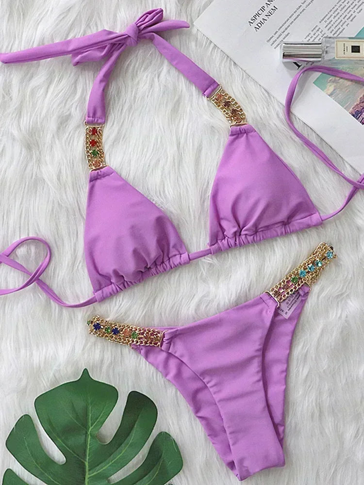 Halter Crystal Rhinestone Diamond Bikini 2025 Female Swimsuit Women Swimwear Two Pieces Bikini set Brazilian Bathing Suit Swim
