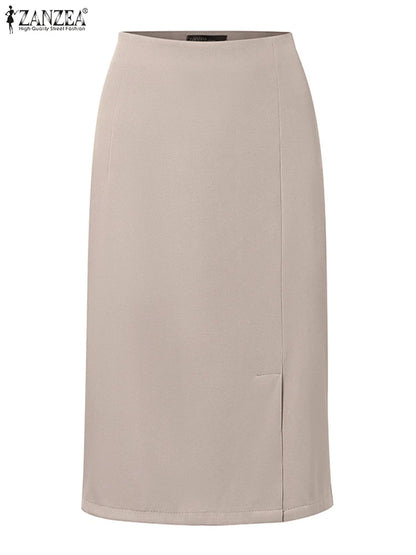 ZANZEA 2025 Summer High Waist Bodycon Skirt Vintage Faldas Women Fashion Knee Length Skirts Casual Split Hem Office Work Jupes
