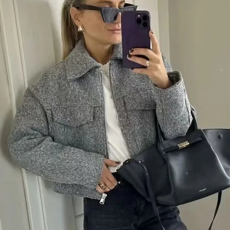 HXAO Women's Coats Autumn Winter Solid Short Coats For Women Tweed Faux Wool & Blends Coats Long Sleeve Cropped Womens Coat