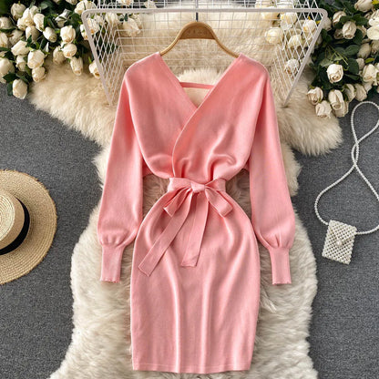 YuooMuoo Women Dress 2025 Autumn Winter Elegant Sash Bandage Bodycon Mini Dress Chic Fashion Y2K Knitted Ladies Dresses Party