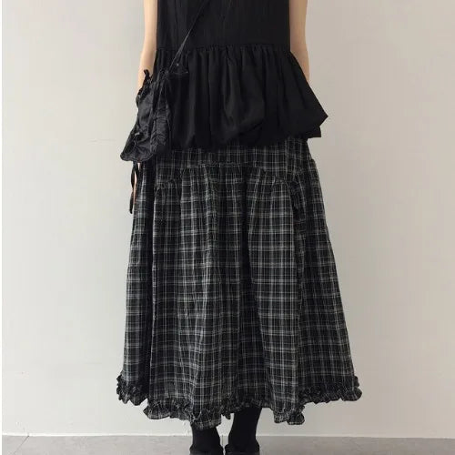 Korean Sle A-Line Midi Skirt Women's Summer 2025 Vintage Versatile High Waist Plaid Lace f-length Skirts