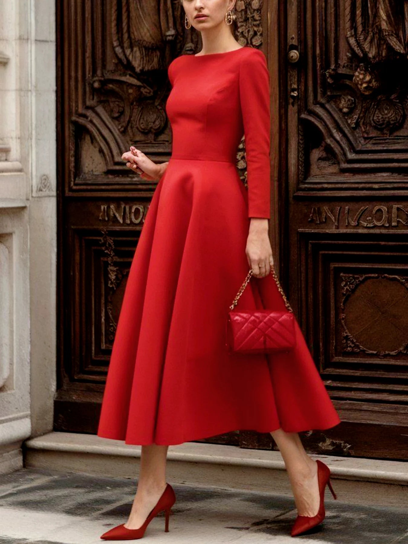 Elegant Simple Red Long Sleeve Dress round Neck Wide Hem for Commuting Parties Casual Vacations Festive Occasions
