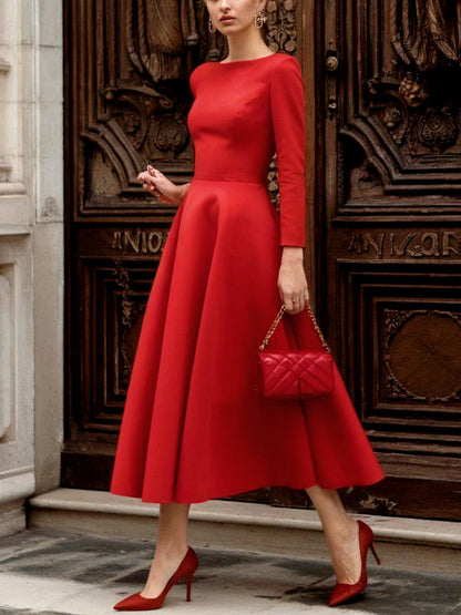 Elegant Simple Red Long Sleeve Dress round Neck Wide Hem for Commuting Parties Casual Vacations Festive Occasions