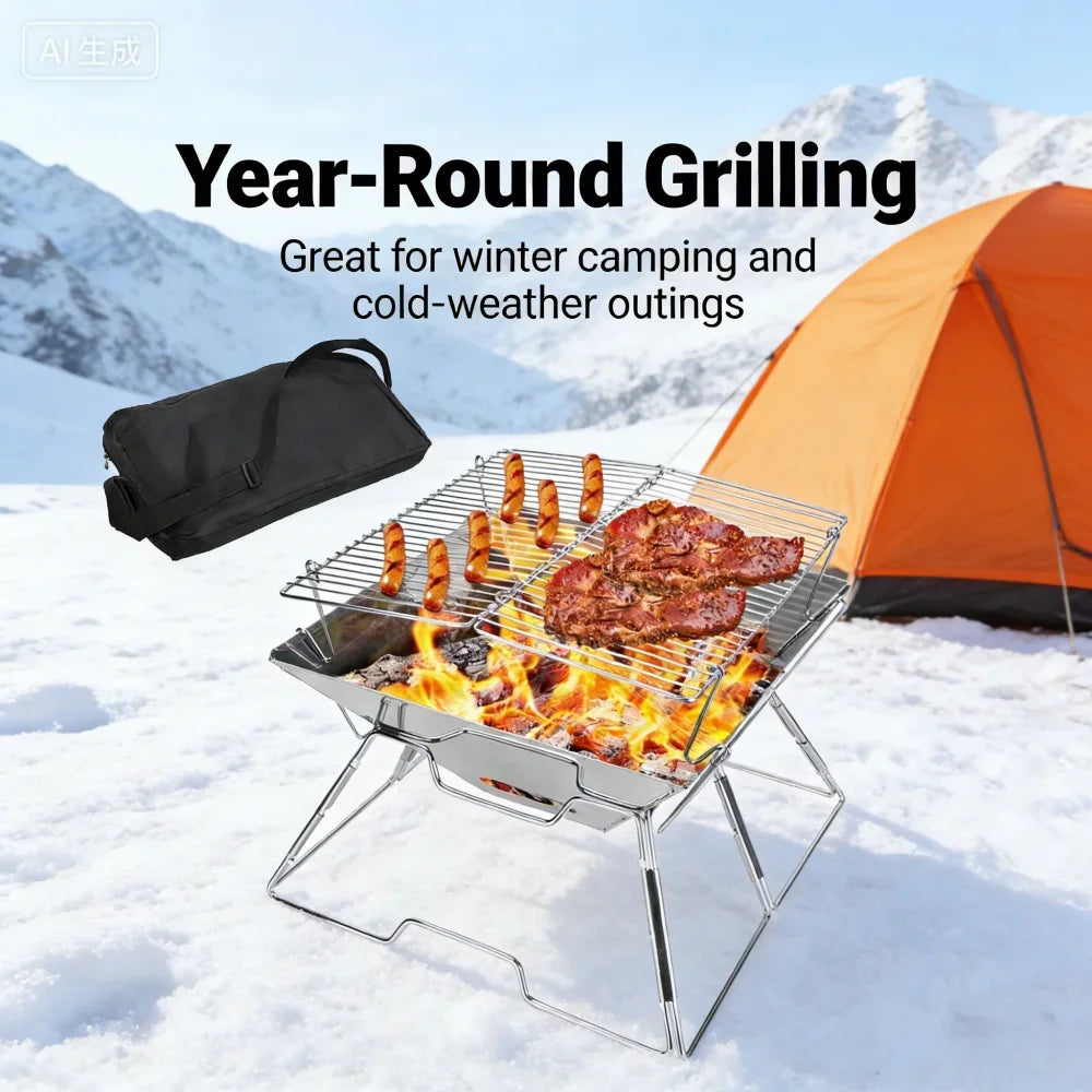 Portable Stainless Steel Foldable BBQ Grill, 1-2 People Charcoal Stove for Camping Picnic & Outdoor