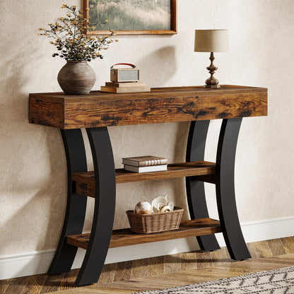 Tribesigns 41" Small Console Table for Entryway, 3-Tier Rustic Sofa Table with Storage Shelves and Curved Frame for Living Room