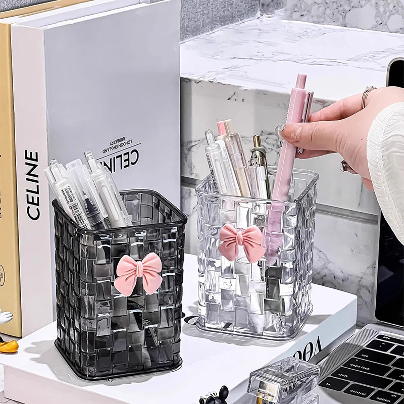 Desktop Pen Holder And Storage Box, Featuring A Bow Decoration And Storage Basket, Suitable For Storing Office Supplies