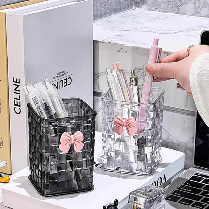 Desktop Pen Holder And Storage Box, Featuring A Bow Decoration And Storage Basket, Suitable For Storing Office Supplies