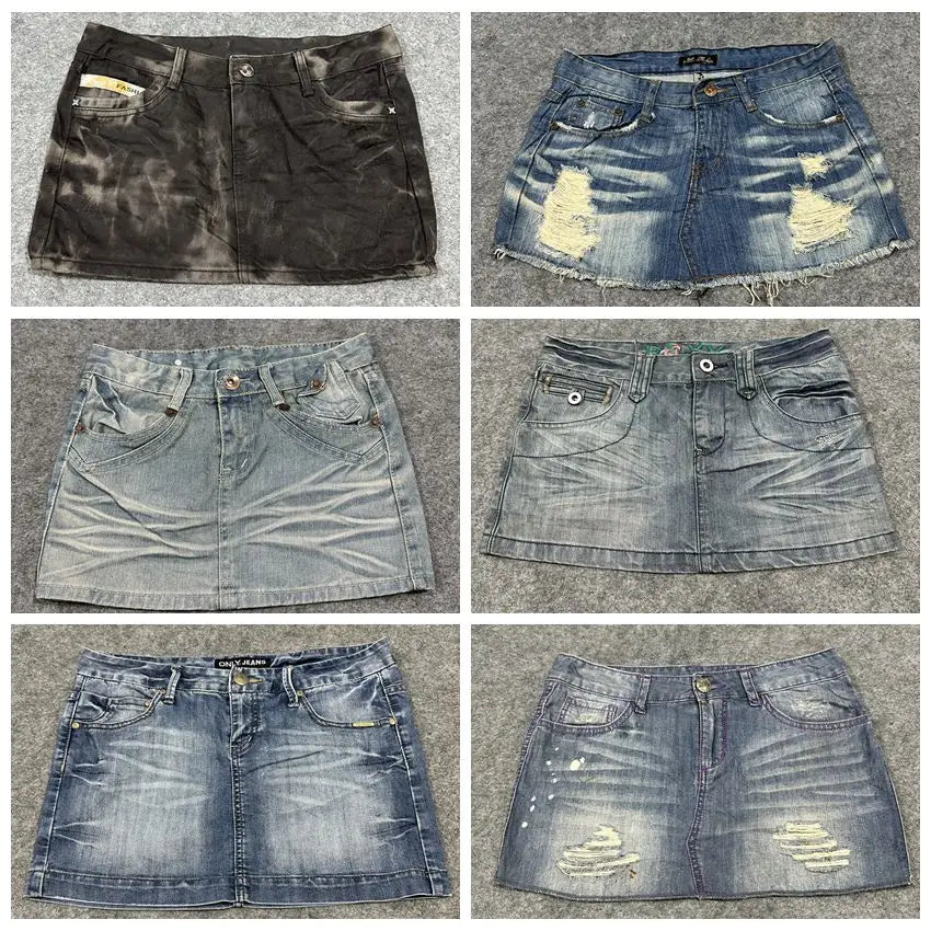 Sexy American Vintage Low Waist Denim  Skirt for Students Z4 Antiquing Y2K Trendy ort Skirt with Handmade Ripped And Fo...