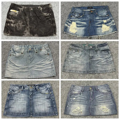 Sexy American Vintage Low Waist Denim  Skirt for Students Z4 Antiquing Y2K Trendy ort Skirt with Handmade Ripped And Fo...