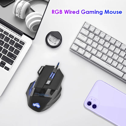 Gaming Mouse 7-Color Backlight 5500 DPI Adjustable USB Wired Optical Mice for PC