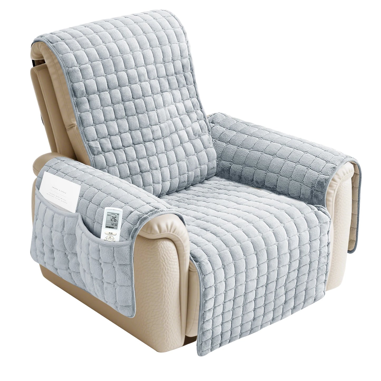 Quilted Recliner Sofa Cover Waterproof Armchairs Slipcovers Dogs Pets Kids Anti-Slip with Side Pockets Elastic Strap Protector