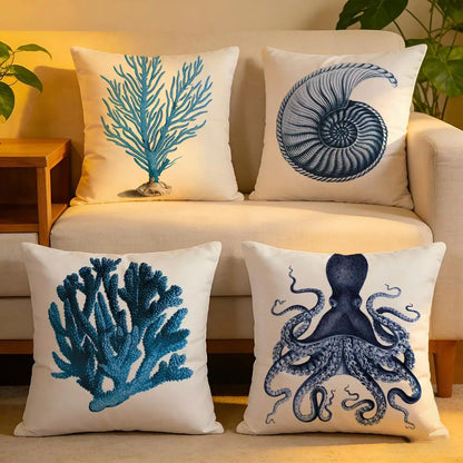 Cushion Cover  Linen  Skin-Friendly Soft Decorative Case For Sofa Home Decor Blue Sea Creature Coral Shrimp Pillow cover
