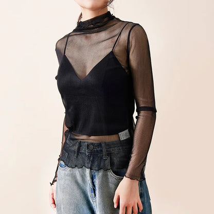 100% Mulberry Silk Slightly Transparent Semi-turtleneck Mesh Sunscreen Shirt for Women