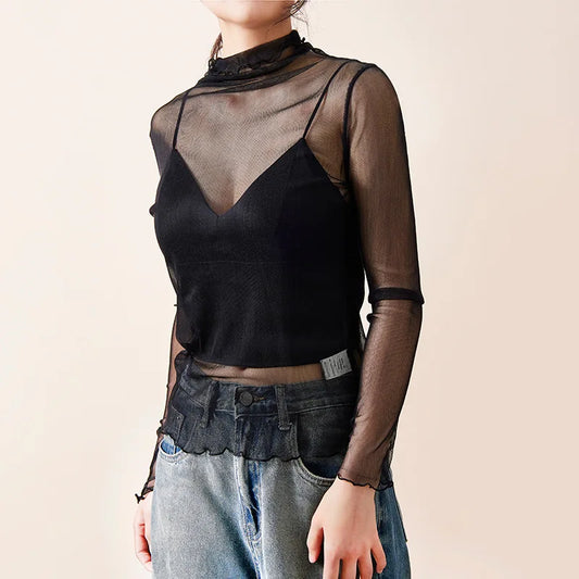 100% Mulberry Silk Slightly Transparent Semi-turtleneck Mesh Sunscreen Shirt for Women