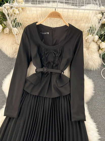 Autumn Winter Bow Dress Women Ruffles Long Sleeve Midi Vestidos Office Lady