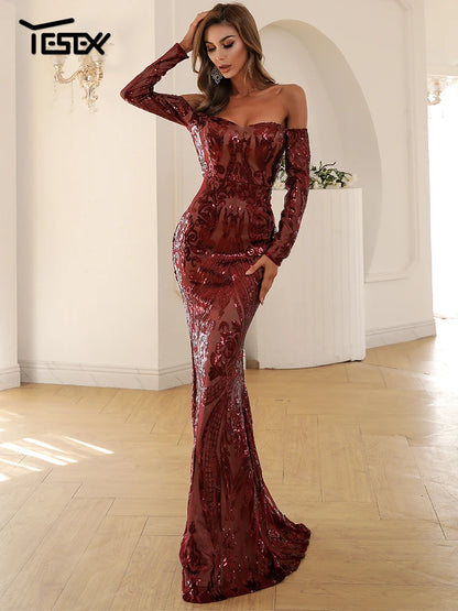 Yesexy Sexy Off the Shoulder Sequin Party Prom Long Sleeve Women Bodycon Dress Party Maxi Dresses Vestidos