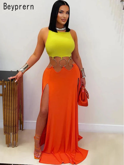 Beyprern Women's Hollow Out O-Rings Metal Long Dresses Fashion Backless Bandage Holiday Dresses Vacation Outfits Sexy Clubwear