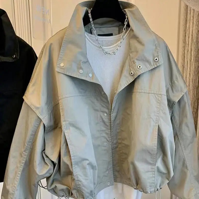 Korean Short Windbreaker Coat Women's Spring Autumn New Elegant Casual Loose Long Sleeve Solid Jacket  Women Tops