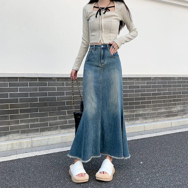 2023 Fashion Spring Denim Skirts for Women Vintage Do Old Midi Skirt Chic High Waisted Trumpet Mermaid A Line Skirts