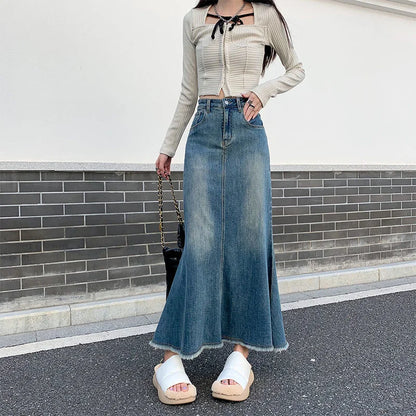 2023 Fashion Spring Denim Skirts for Women Vintage Do Old Midi Skirt Chic High Waisted Trumpet Mermaid A Line Skirts