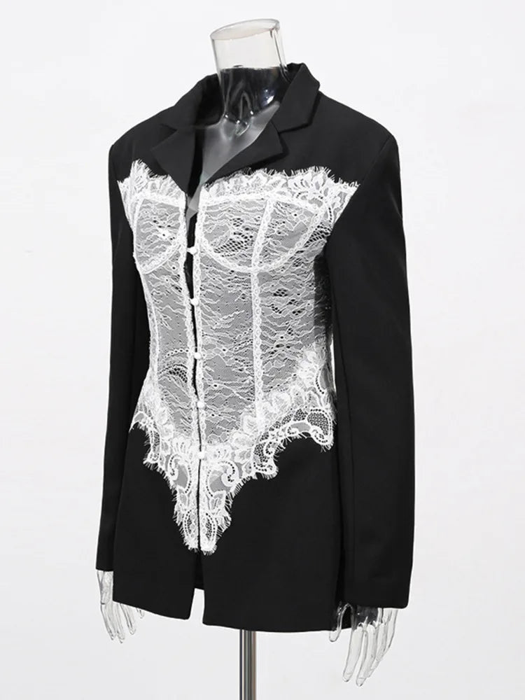 ZMEENNA Women's Black Blazer With White Lace Corset Detail Long Sleeve Formal Jacket For Evening Party Stylish ZM3540