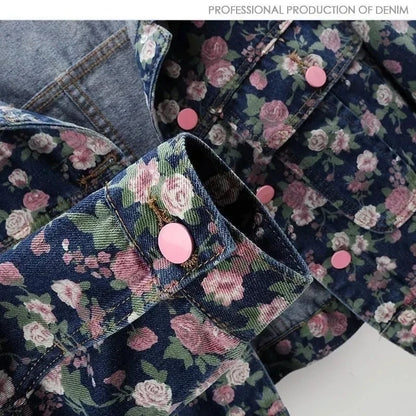Ladies Spring And Autumn New Retro Fashion Joker Floral Print Long Sleeve Denim Jacket Short Loose Jacket Button Lapel Jacket