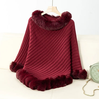 Knitted Cloak Sweater Women Shawl Outwear Warm Hairball Knit Casual Loose Plaid Poncho Cape Coat Spliced Solid Elegant