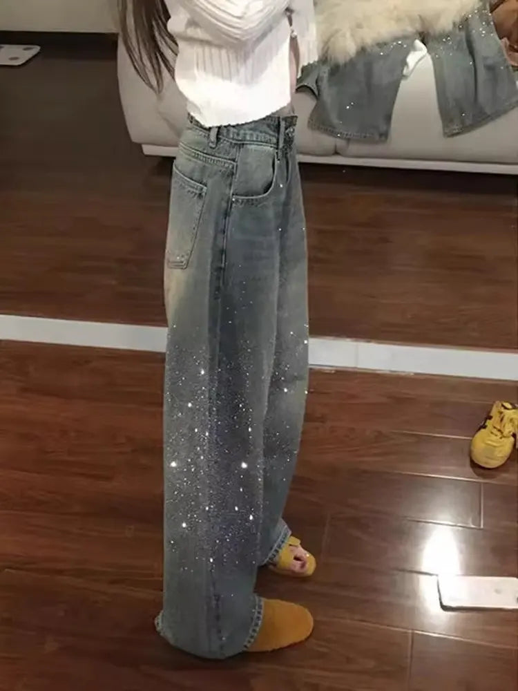Women's Y2k Baggy Jeans Harajuku Vintage Rhinestone Denim Trousers Japanese 2000s Style Oversize Wide Jeans Long Pants Clothes