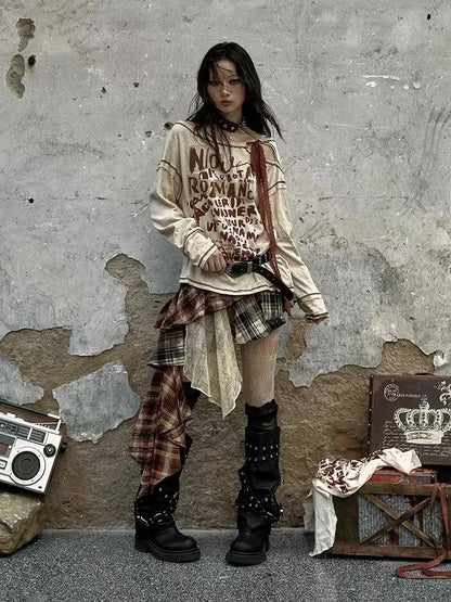 Women's Maillard Grid Splicing Skirt Y2K Irregular Stacked Japanese Harajuku Street Fashion Academy Retro Mini A-line Skirt 2024