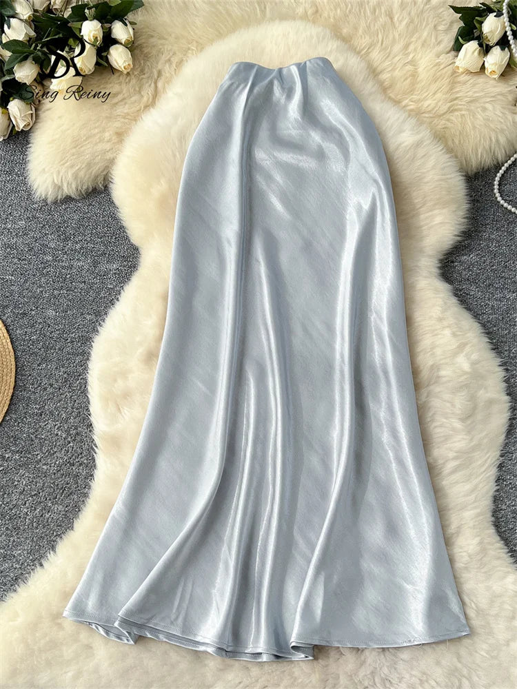 SINGREINY Senior Solid Satin Skirt Elastic Waist 2025 Newest Frence Elegant Women Fashion Basics Office Lady Skinny Midi Skirt