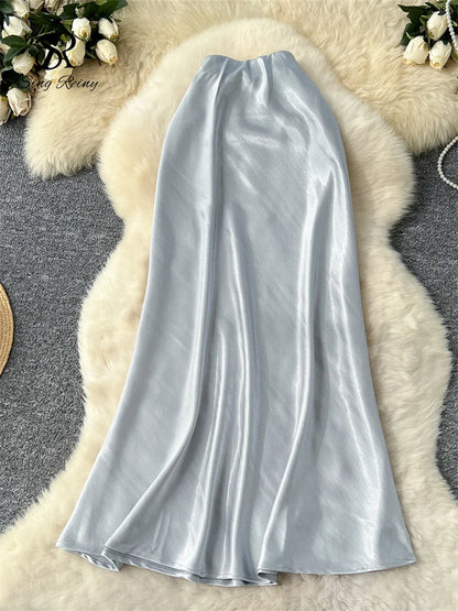 SINGREINY Senior Solid Satin Skirt Elastic Waist 2025 Newest Frence Elegant Women Fashion Basics Office Lady Skinny Midi Skirt