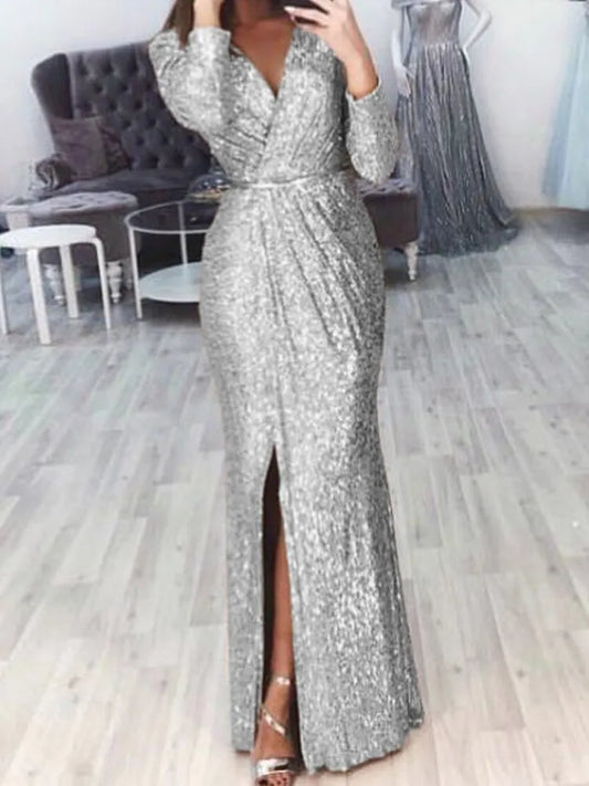 Women's Sequin High Slit Party Dresses Ruched Evening Glitter Dress Deep V Neck Long Sleeve Vestidos 2025 Autumn Female New Robe