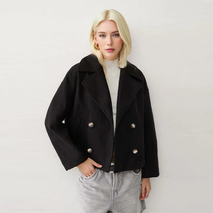Casual Short Woolen Blends Coats Women Loose Lapel Bouble Breasted Pocket Full Sleeve Jacket 2025 Autumn Winter Lady Solid Coat