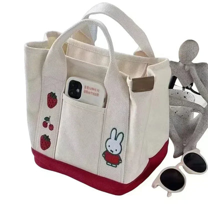 New Anime Kawaii Miffy Embroidery Cute Zipper Bag with Canvas Tote Bag Bento Lunch Box Bag for Friends Christmas Gift