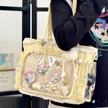 Japanese Sweet Women Ribbon Ita Bag Cute Lolita Girl Transparent Handbags Fashion Large Capacity Tote Bag Aesthetic Shoulder Bag
