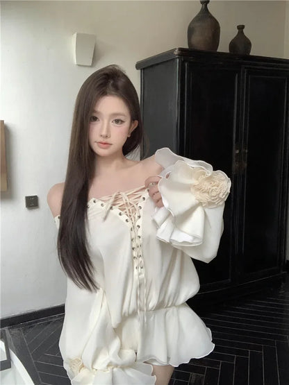 New Fall Sexy Slash Neck Red Super Mini Dress Women Lace Up Straps Short Shirt Fashion Flare Sleeve Ballet Off Shoulder Blouse