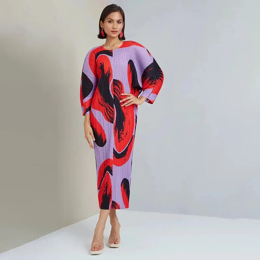 Miyake Pleated Hand Painted Long Dress 2022 New Spring Summer Loose Women Long Sleeves Designer Elegant Fashion Clothes In Stock