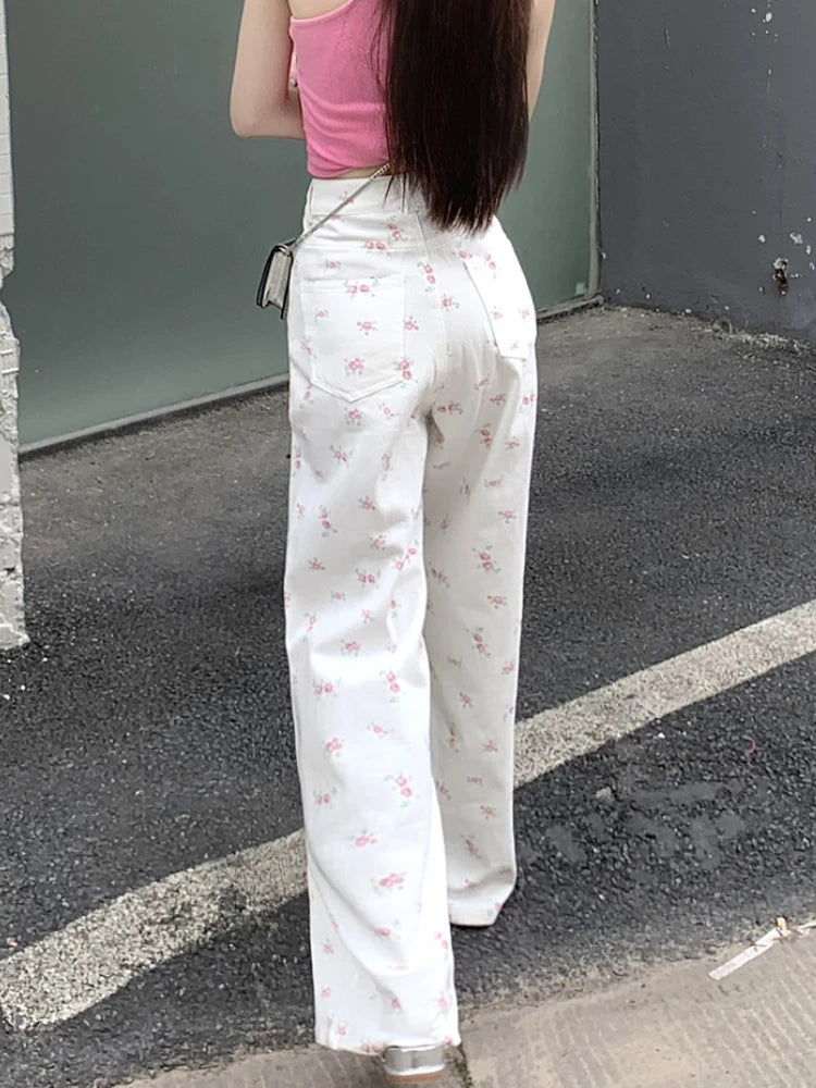 White Floral Jeans for Women Simple High Waist Y2k Cute Youth Spring Autumn Popular Holiday Loose Basic Chic Aesthetic Mopping