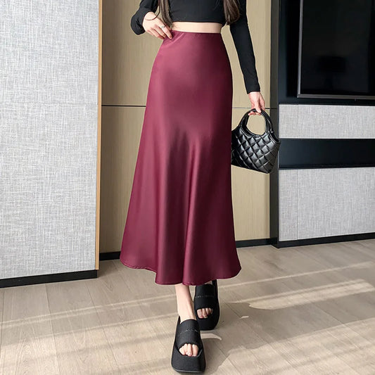 Wine Red Streetwear Summer Satin Trumpet Skirt For Women High Waist Casual Elegant Fashion Long Mermaid Skirts Female